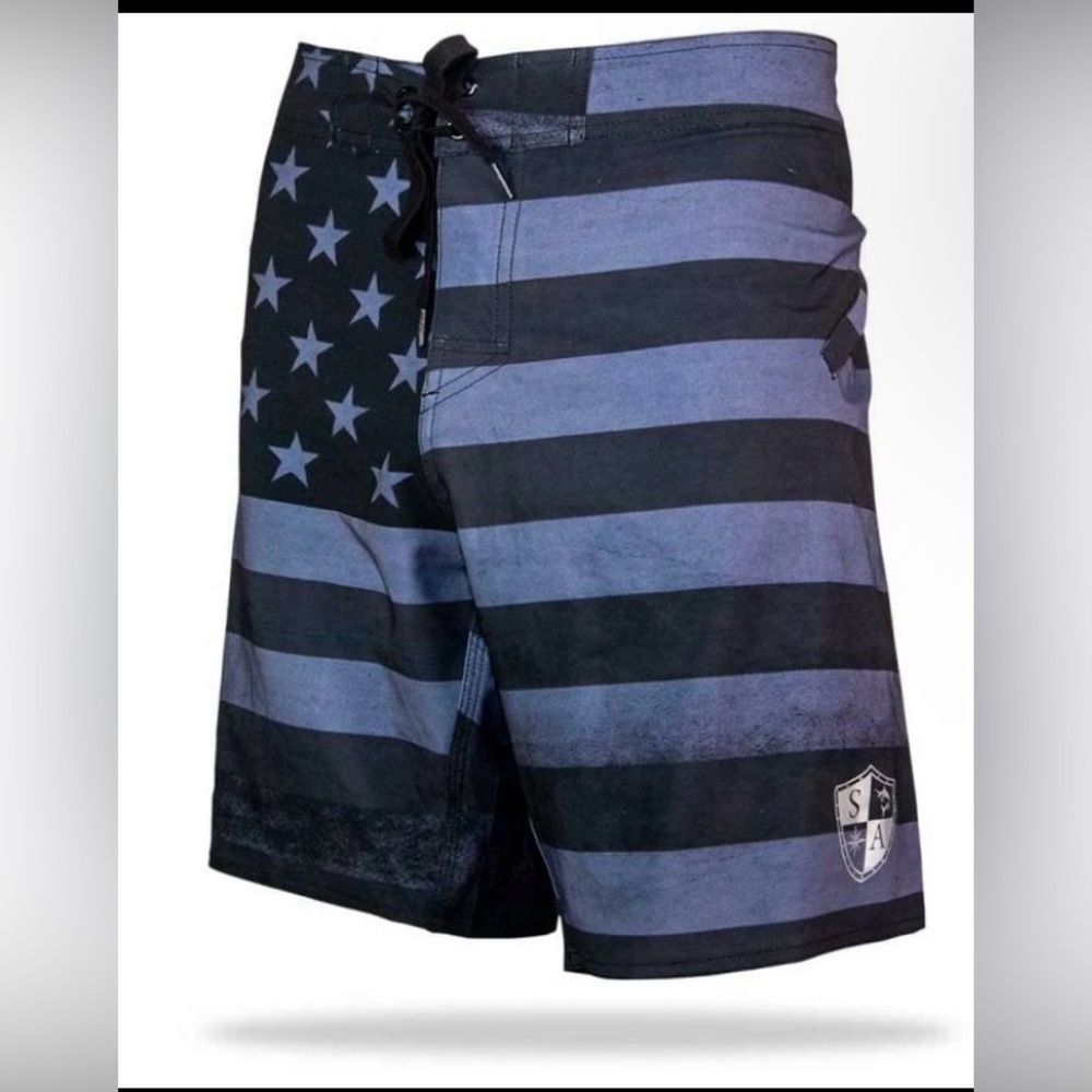 SA Company Blackout Design American Flag Board Shorts, Sz 38, Water-repellent